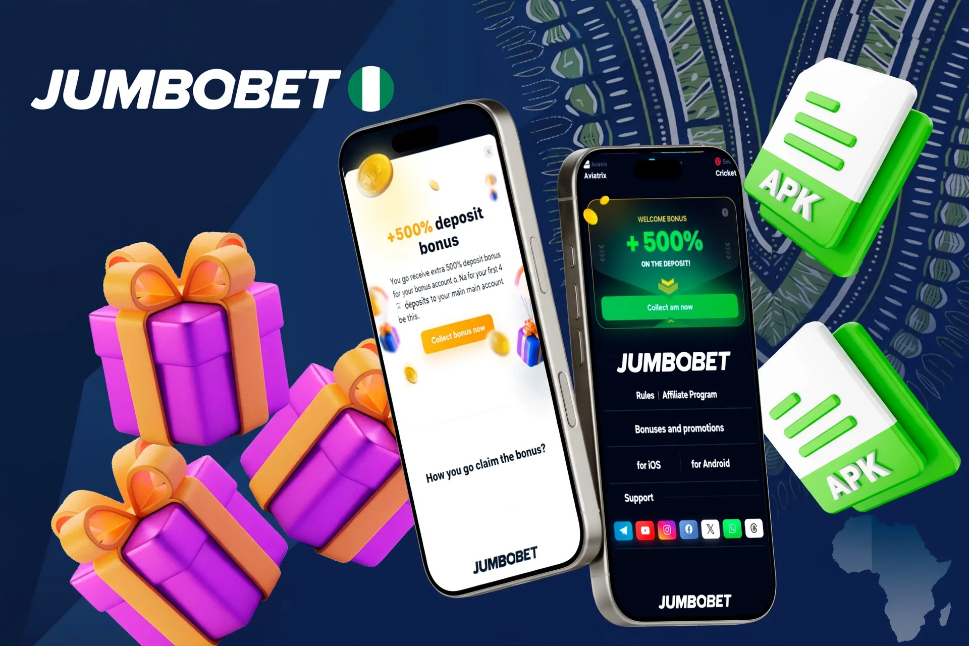 JumboBet mobile app promotion with 100% casino deposit match bonus up to ₦150,000 and 5 free spins on Book of Dead illustration