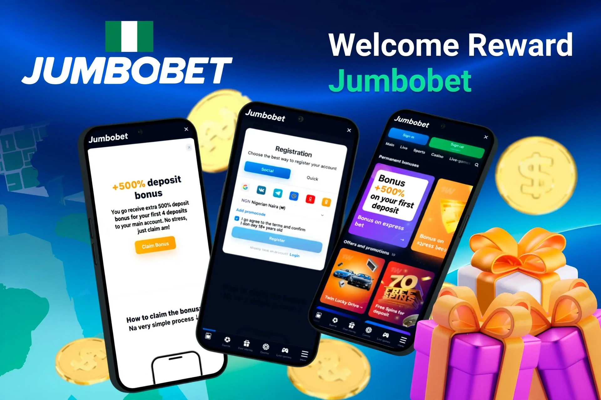 Mobile screens displaying JumboBet registration and 100% deposit match up to ₦150,000 with gift boxes