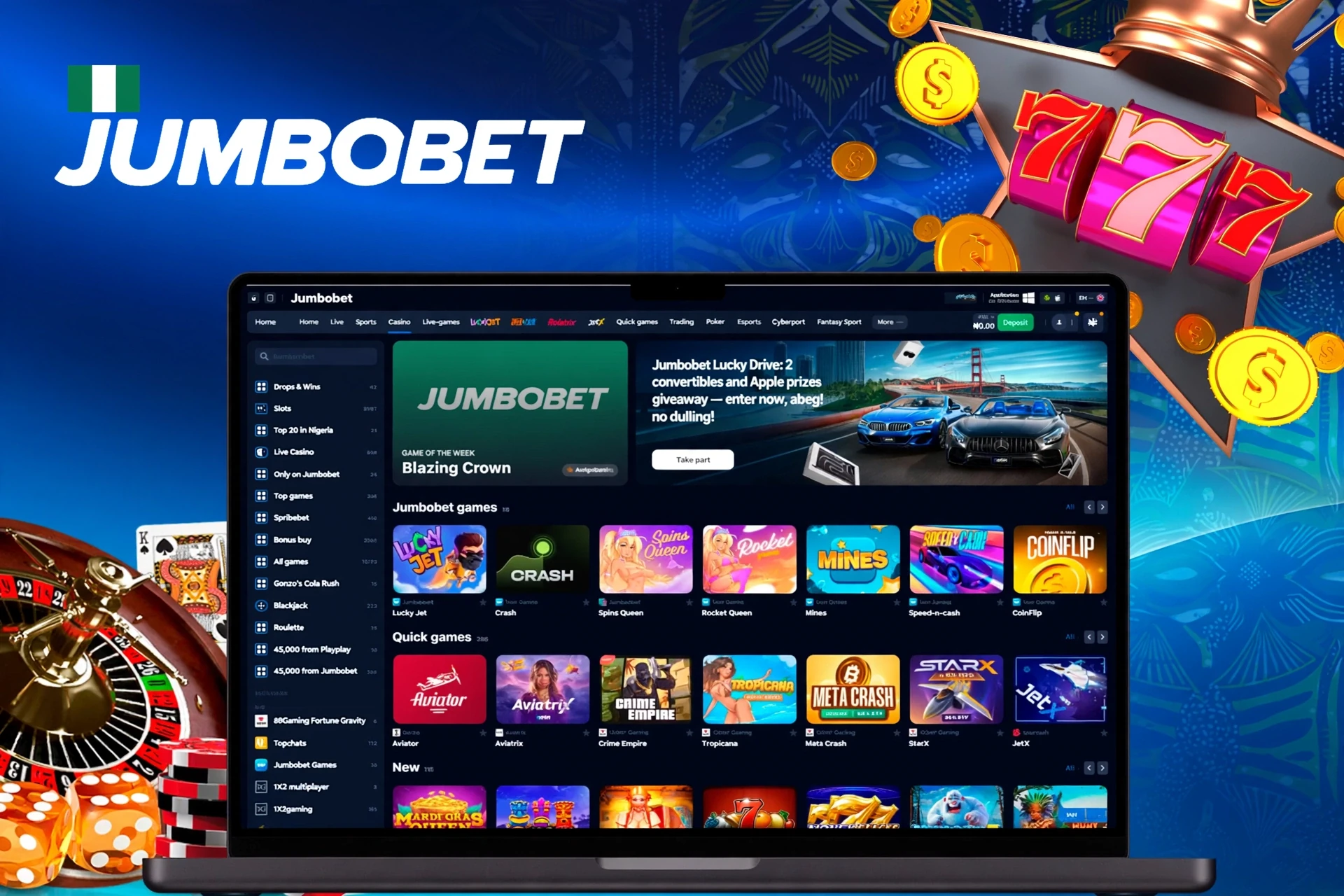Casino homepage with various slot and crash games, including Lucky Jet and Blazing Crown