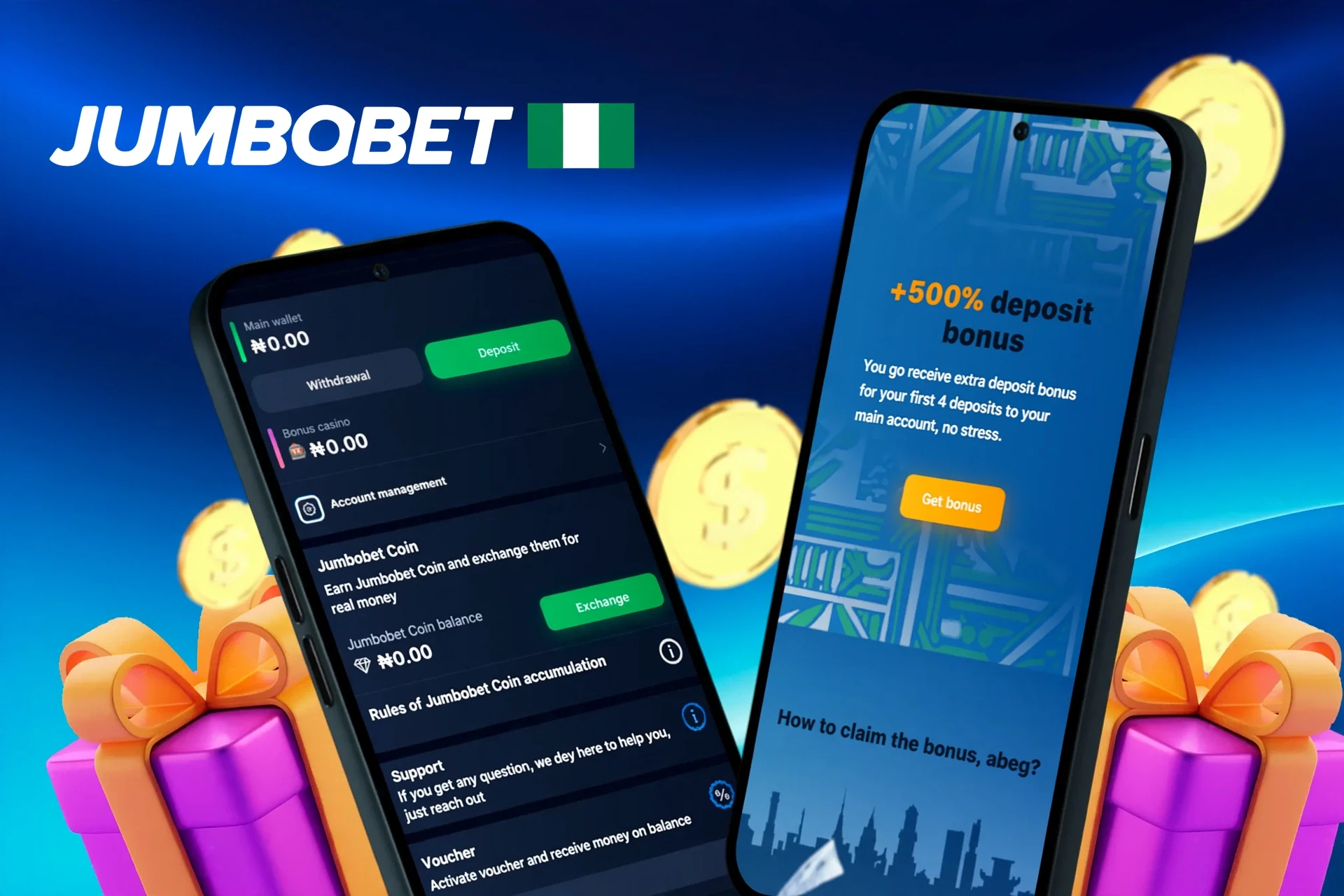 deposit and withdrawal screen showing wallet balance, account management options, and a 100% casino match bonus up to ₦150,000 plus 5 free spins