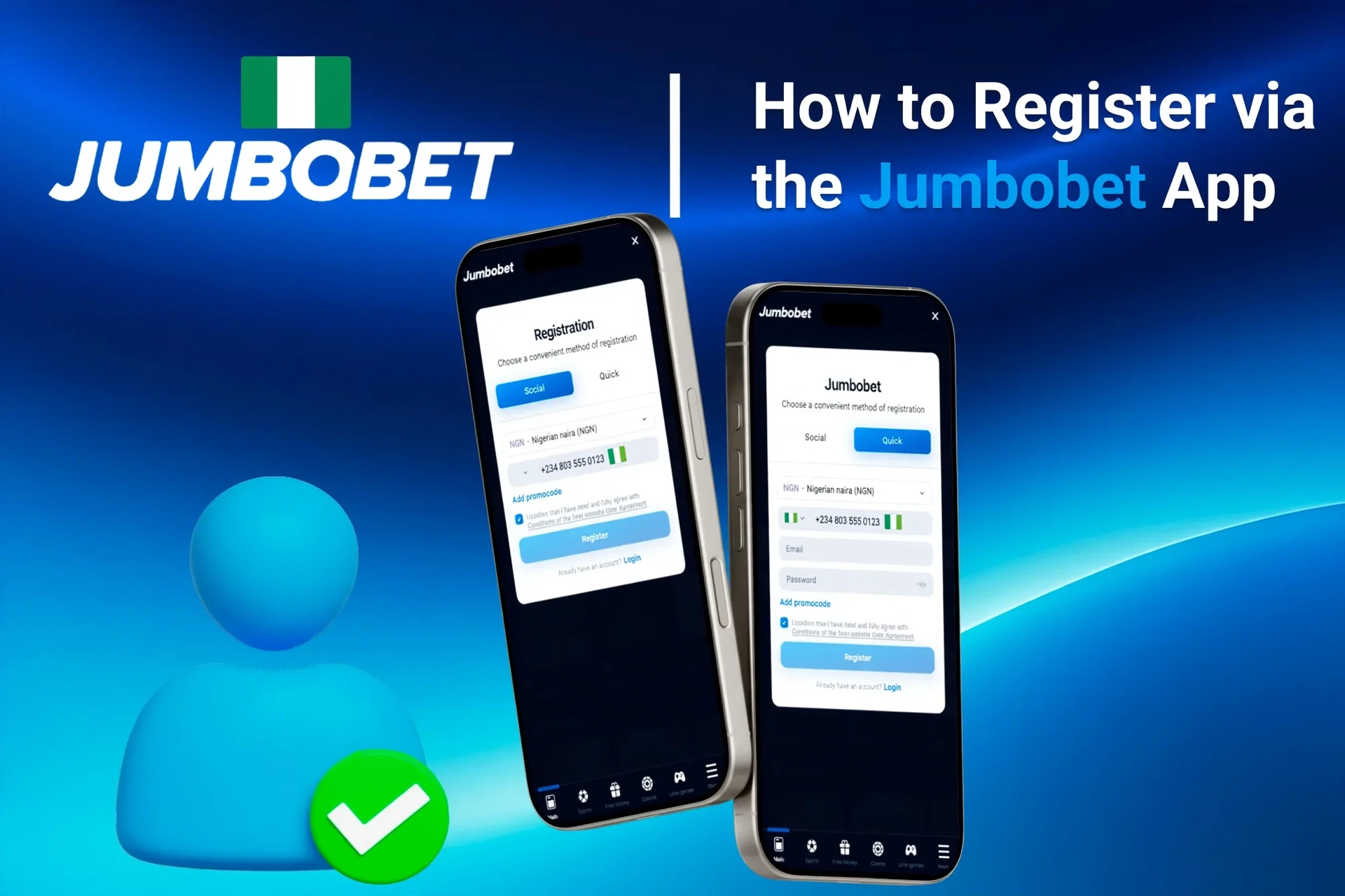 Registration process on the JumboBet mobile app with social login options