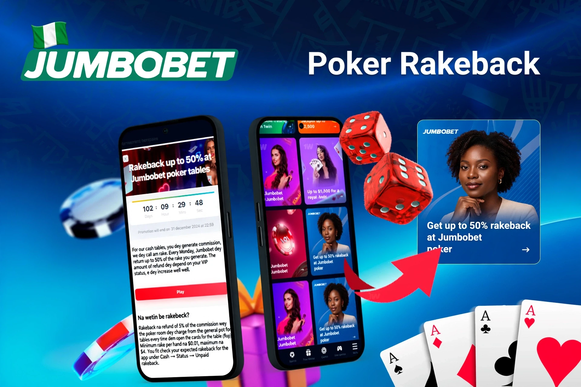 Mobile app with 1Win poker rakeback offer up to 50%, red dice, and playing cards