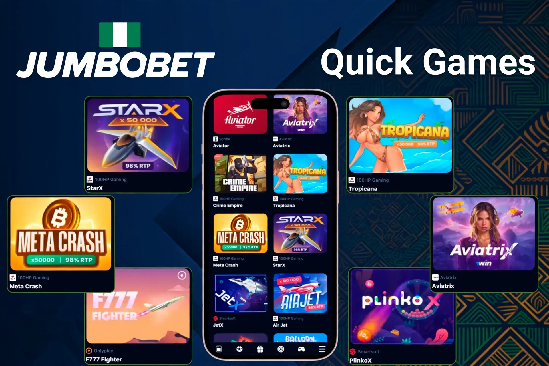 Quick games area highlighting titles like StarX, Tropicana, Meta Crash, and PlinkoX on a mobile app