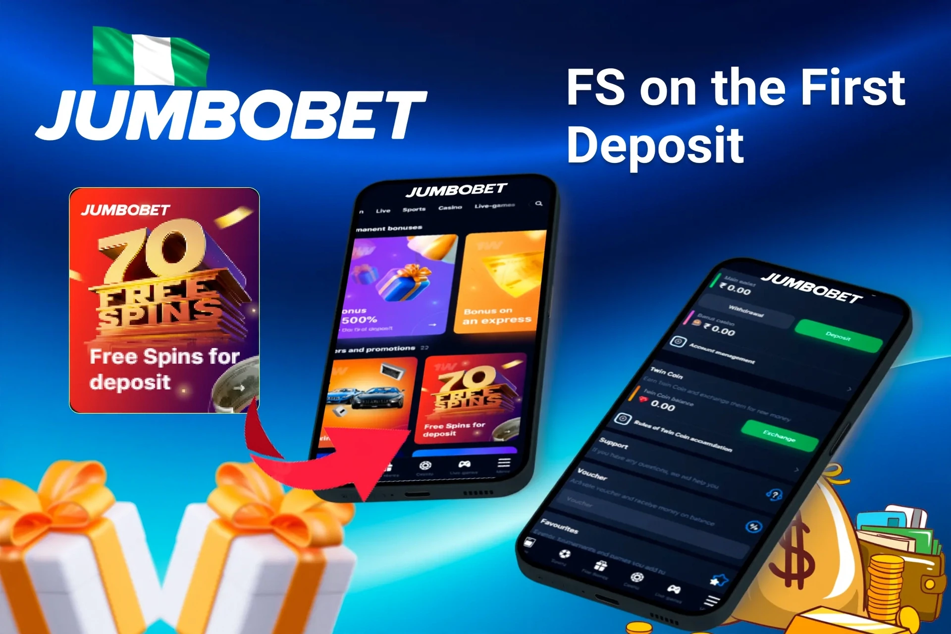Mobile app showing casino game offers like loyalty program and free spins with poker chips and cards