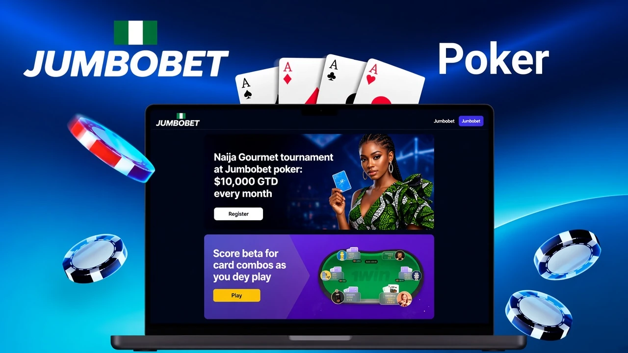 JumboBet poker promotion featuring a tournament with $10,000 guaranteed prize and bonuses for card combos