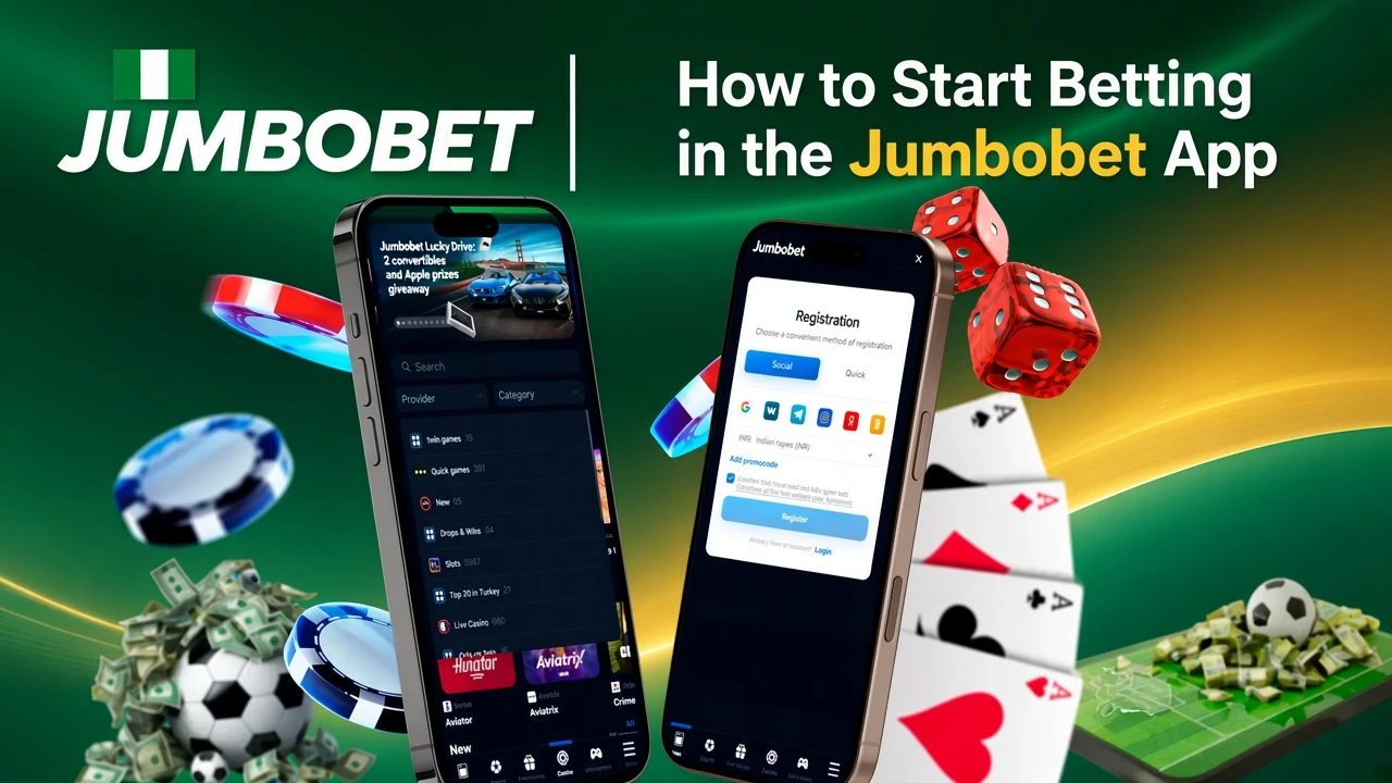 Step-by-step guide to starting betting on the app, with registration and game selection shown on mobile screens