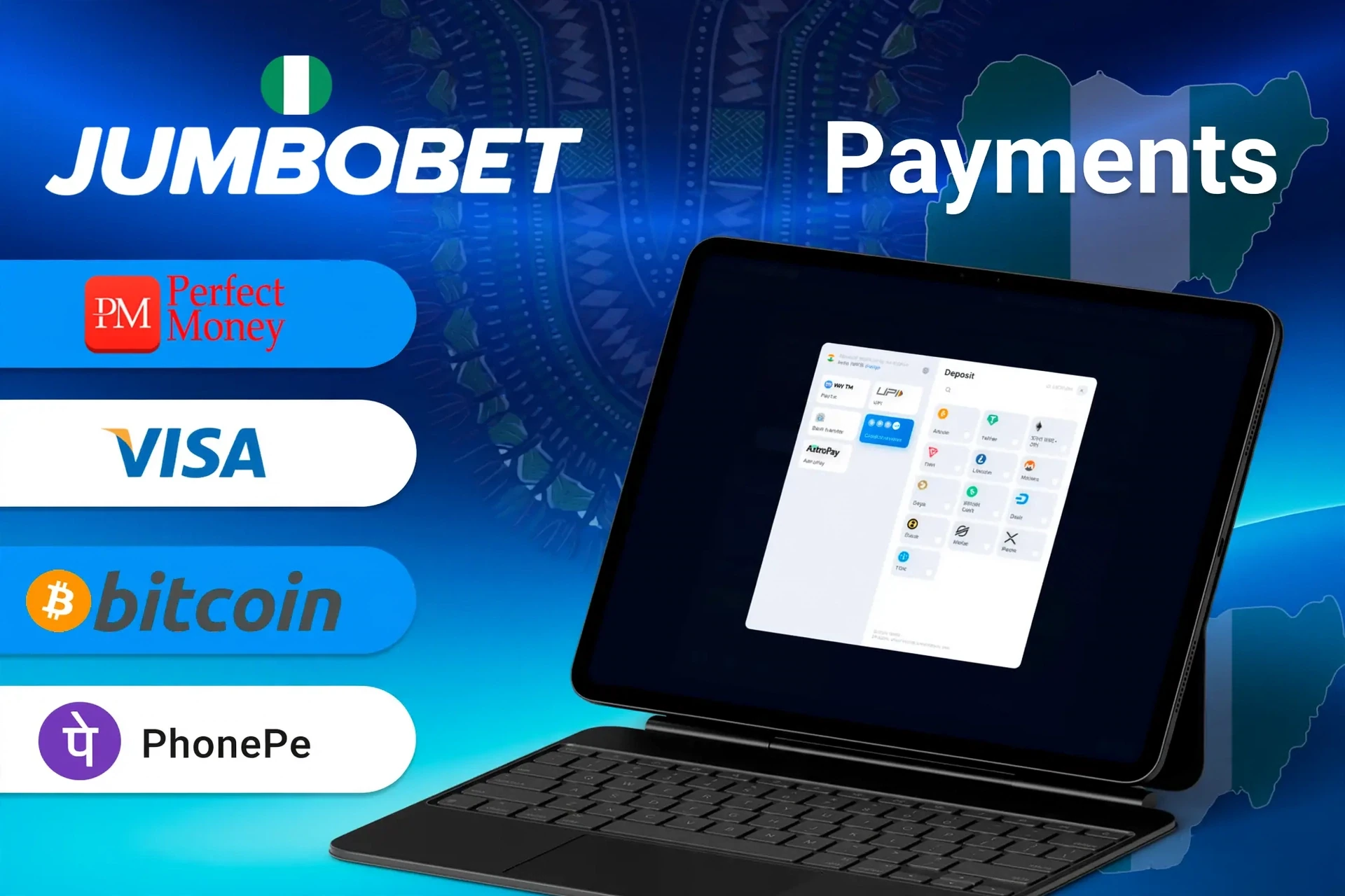 JumboBet payment methods including Perfect Money, Visa, Bitcoin, and OPay for fast and secure transactions