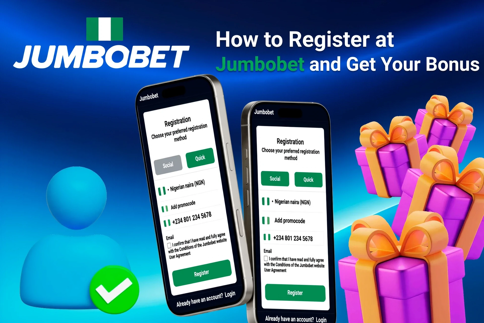 Mobile registration page for 1Win showing bonus offers with purple and gold gift boxes