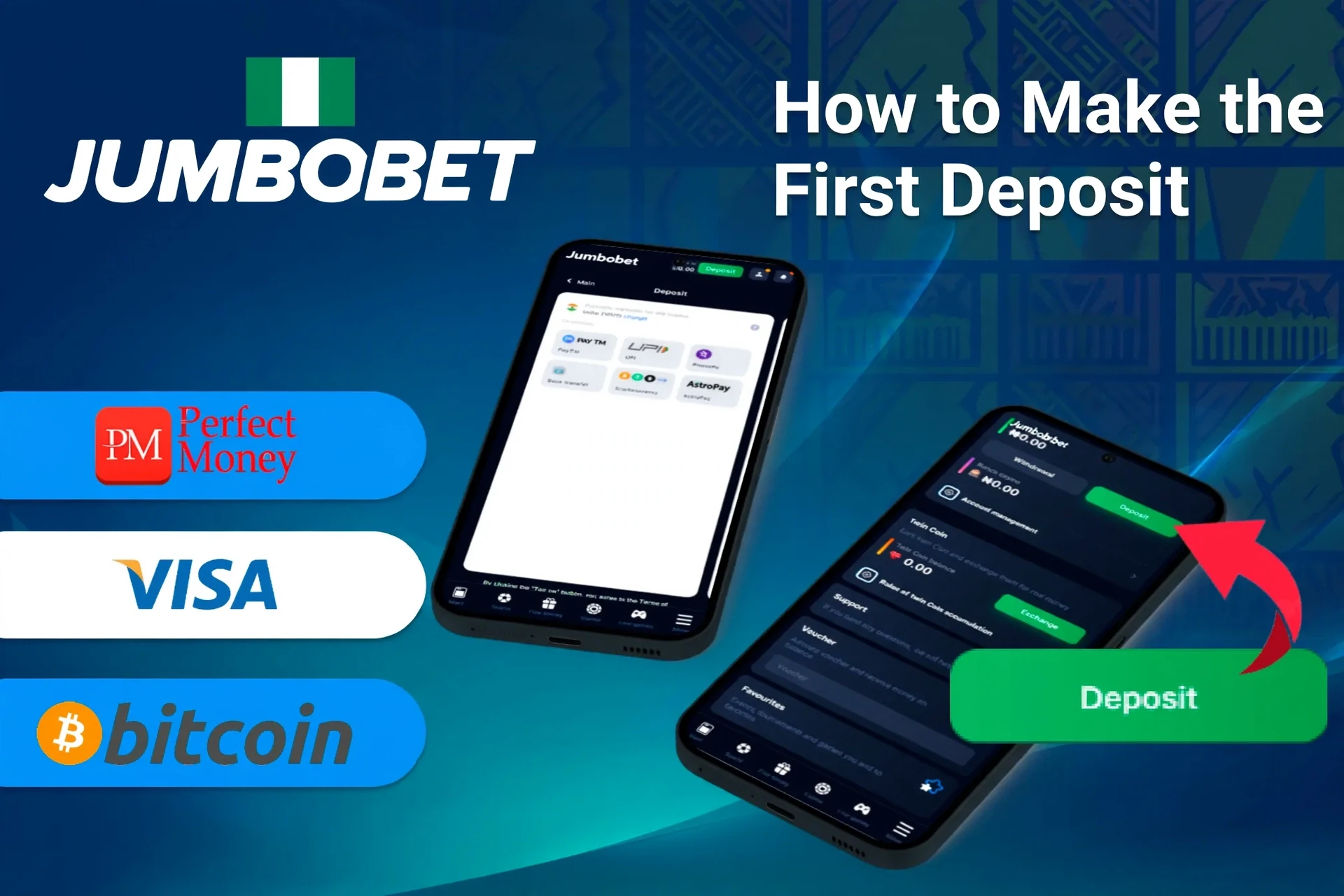 mobile app with deposit options including Perfect Money, Visa, and Bitcoin, along with deposit button