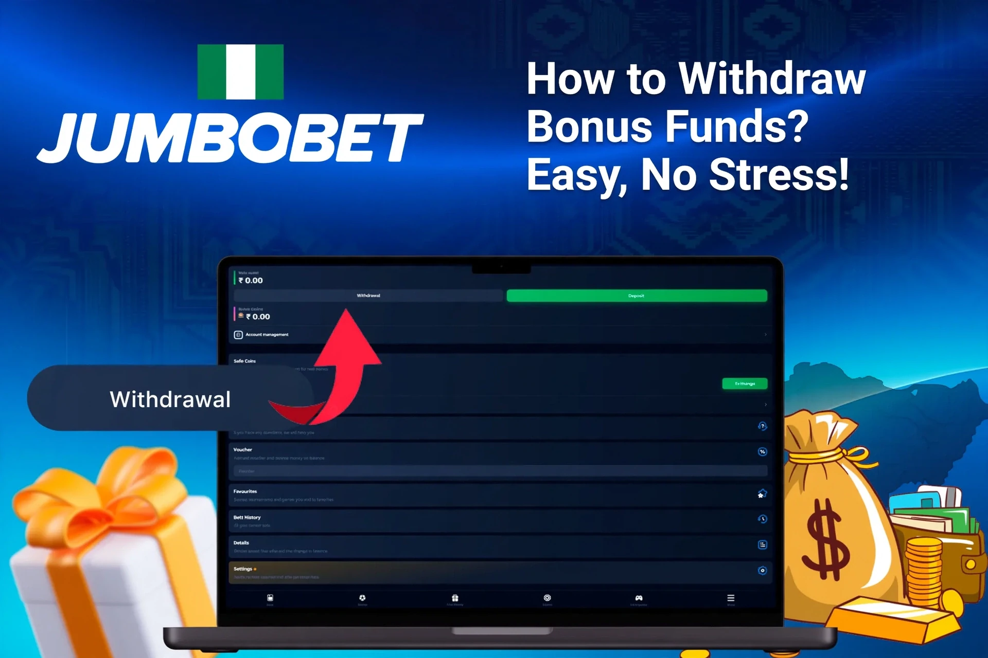 Laptop screen showing JumboBet withdrawal options with money bags and gift boxes in the background