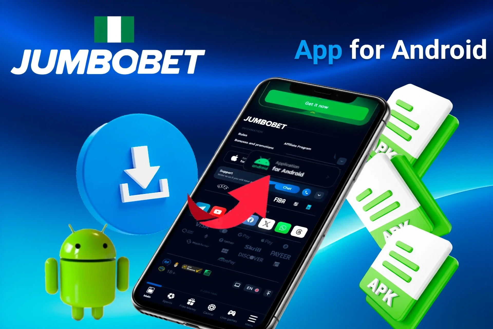JumboBet Android app download process with APK file icons and Android mascot