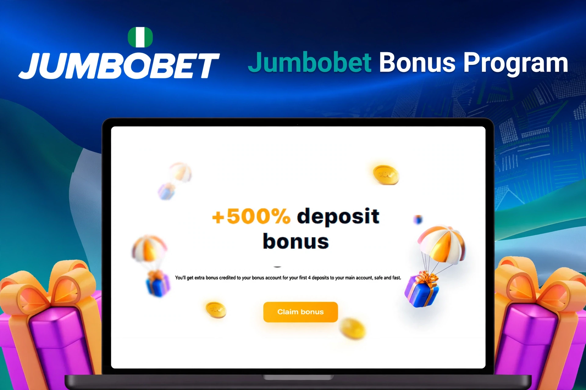 Laptop showing bonus offer of +500% deposit bonus with floating coins and gifts
