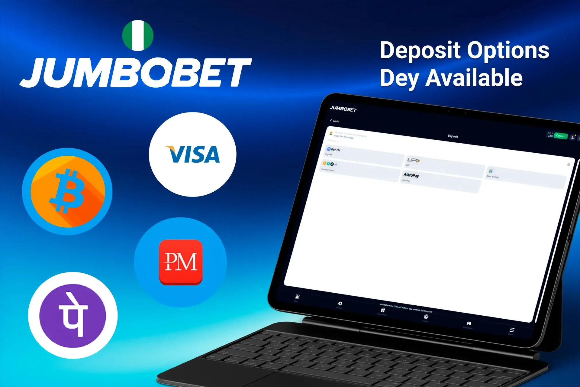 Deposit options available on JumboBet platform, including Bitcoin, Visa, OPay, and PalmPay, displayed on a tablet