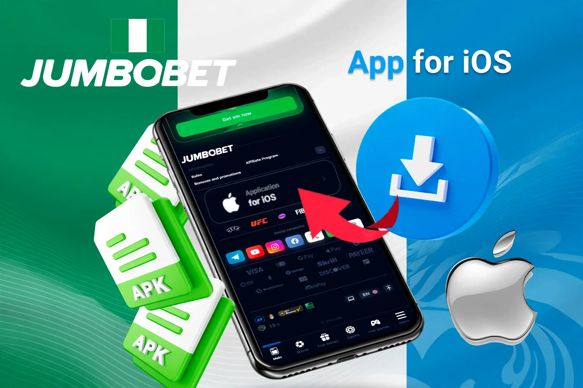 JumboBet iOS app download screen with app shortcut and Apple logo