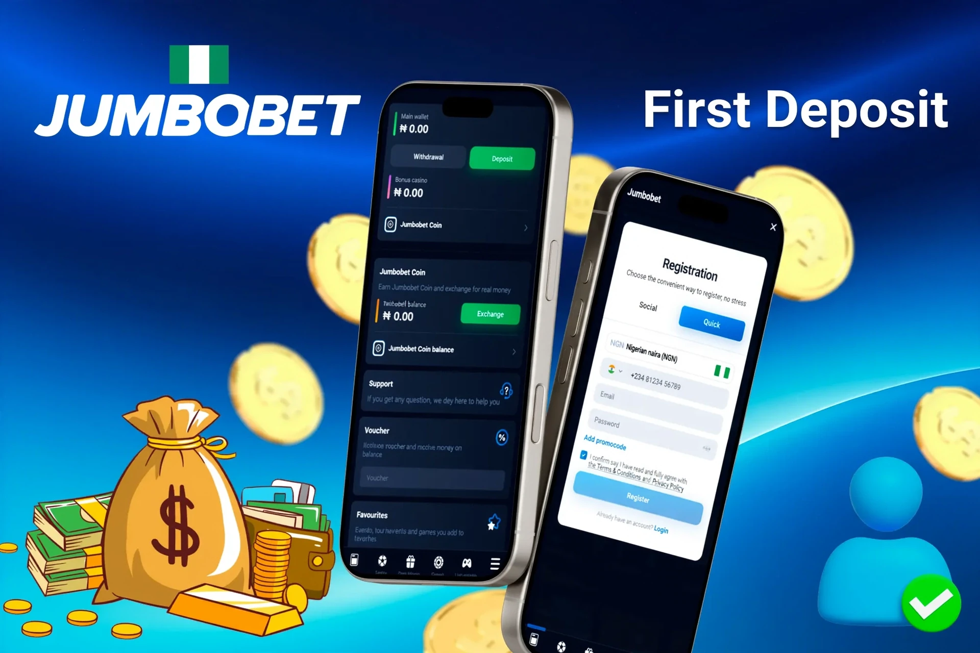 mobile interface showing steps to make the first deposit for JumboBet, with icons for payment options and bonus registration