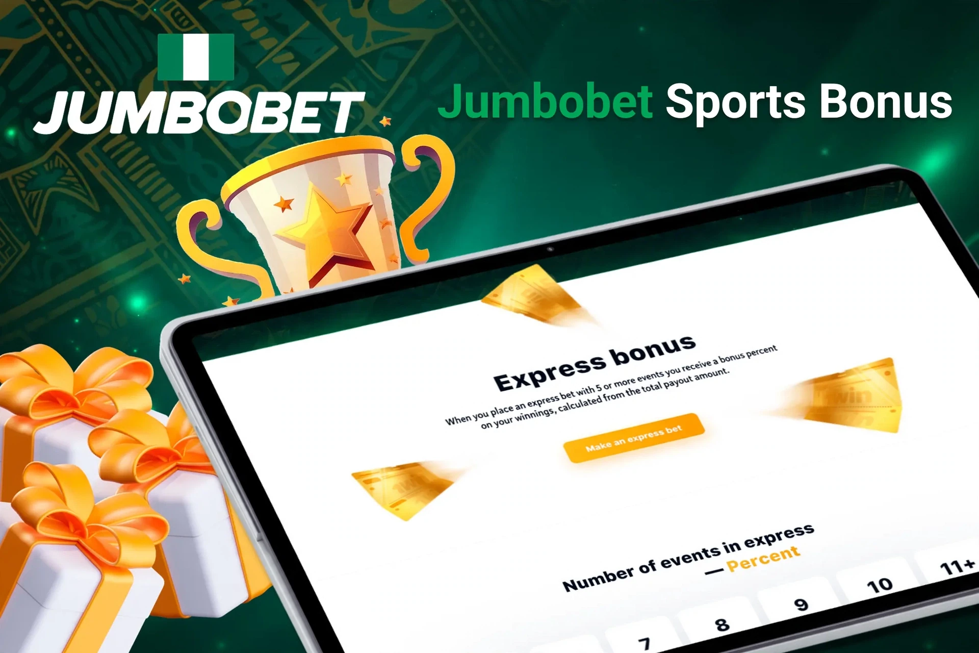 Tablet screen with express bonus offer for sports betting from JumboBet, with trophy and gift boxes.