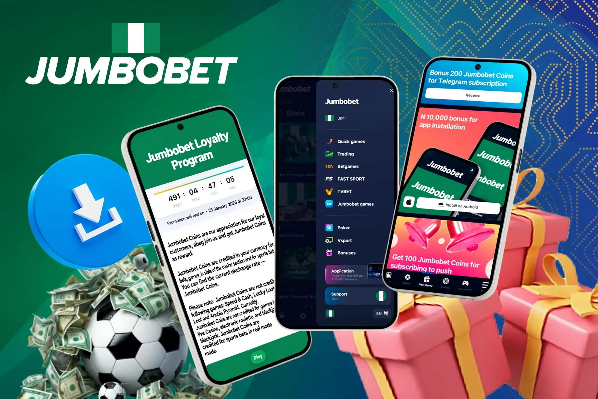 Mobile screens showing loyalty program, app installation bonus, and football icon with download button