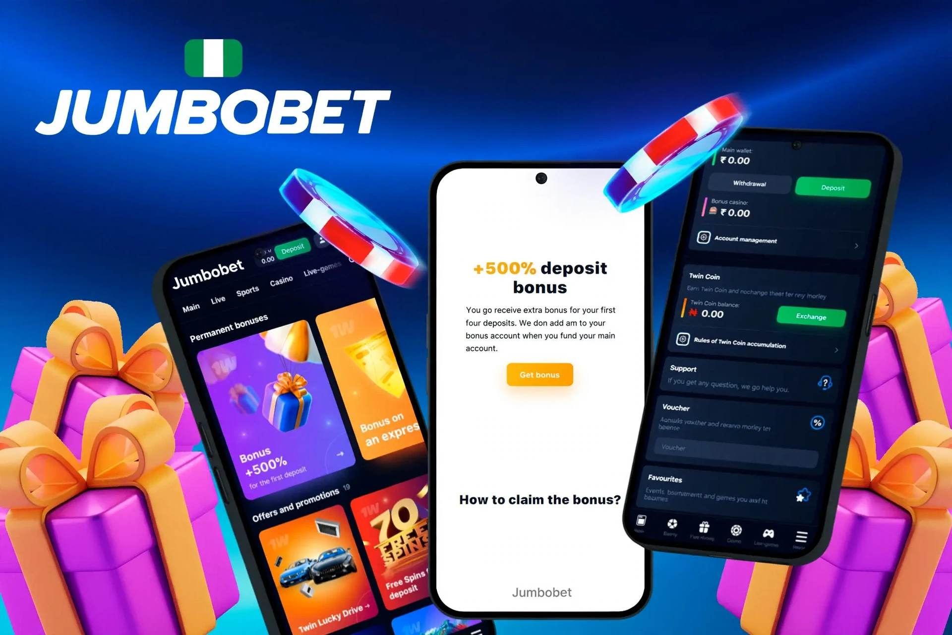 app showing instructions to claim a 100% deposit match bonus and 5 free spins on mobile with colorful gaming elements