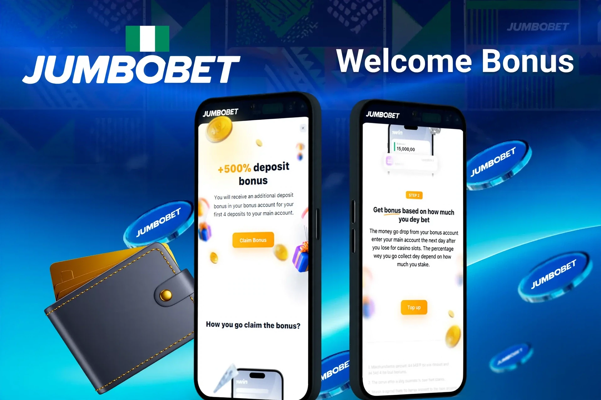 JumboBet welcome bonus screen with 100% deposit match up to ₦150,000 plus 5 free spins displayed on two mobile screens