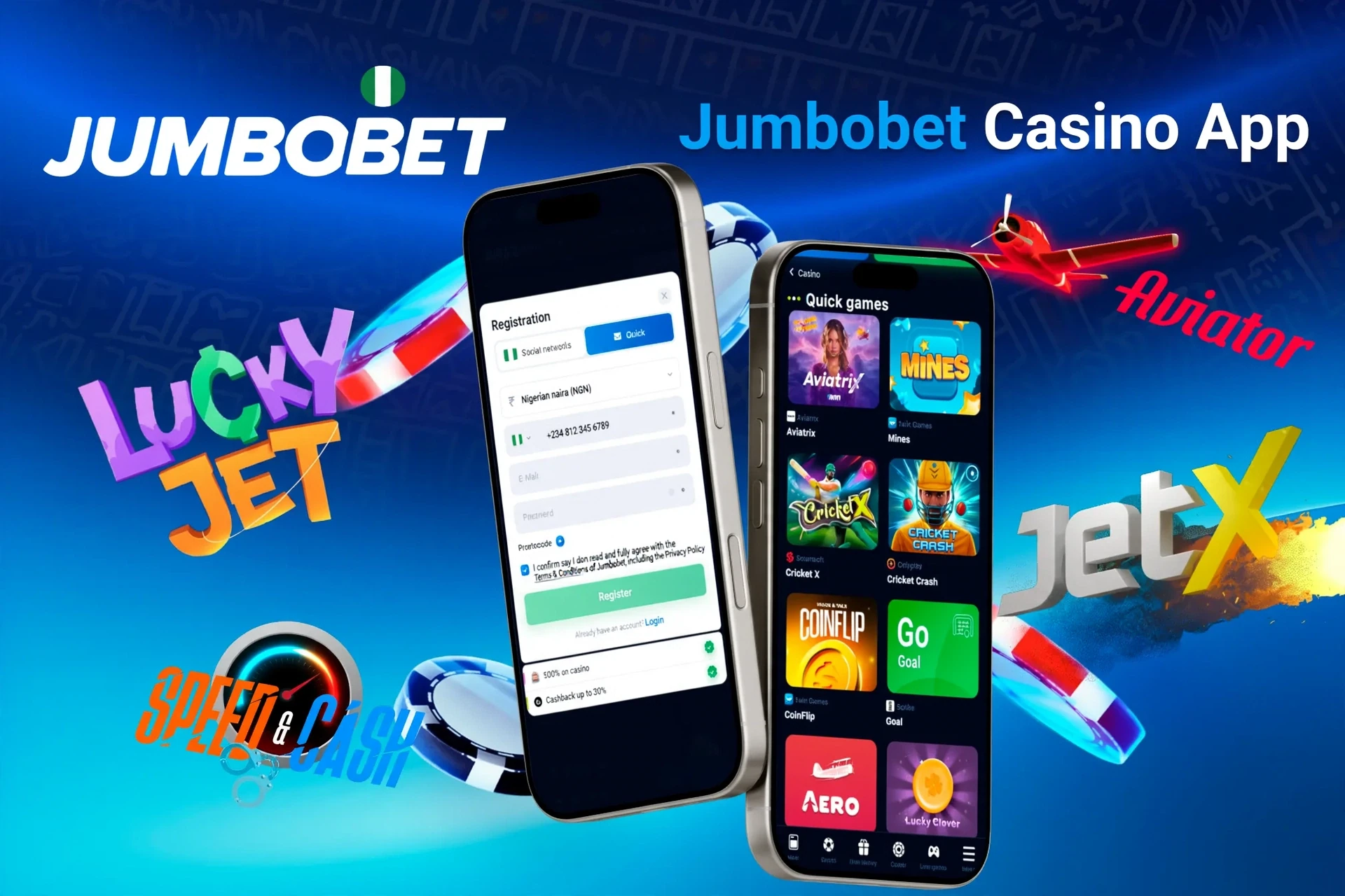 JumboBet Casino app registration screen with quick games like Aviatrix and JetX