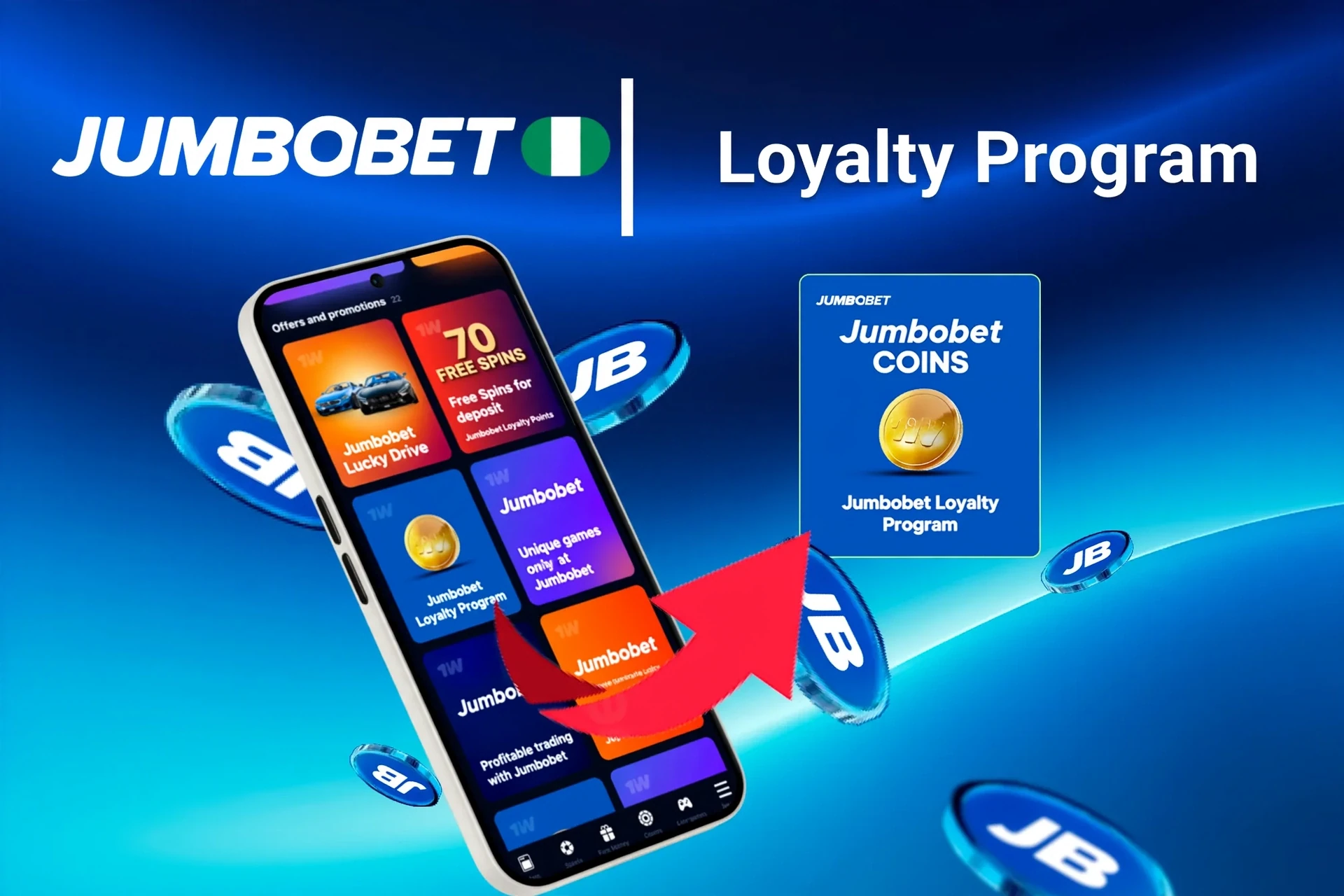 Mobile app showing JumboBet loyalty program and offers like free spins and Lucky Drive.
