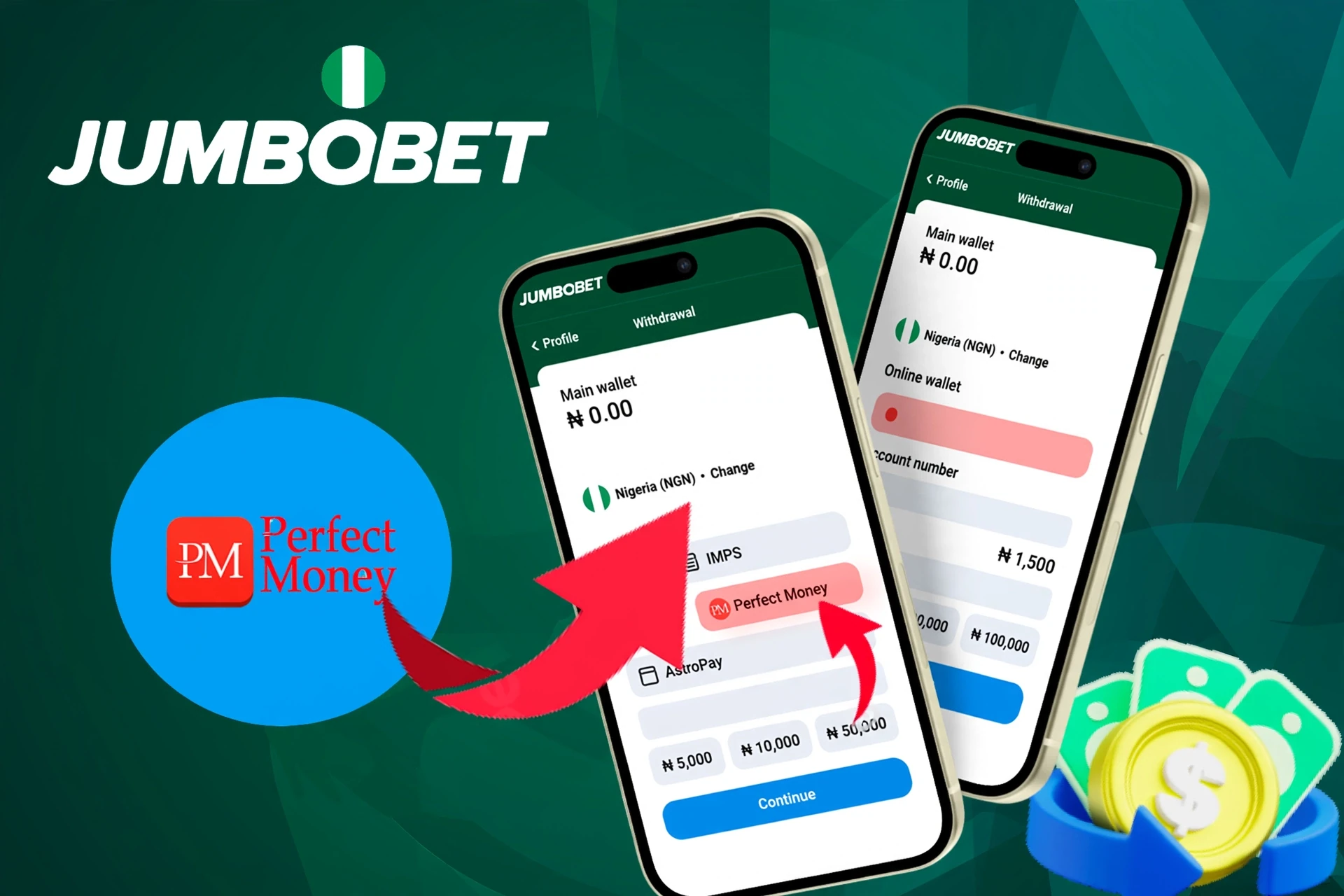 withdrawal options, featuring Perfect Money, OPay, and other wallet services, shown on a mobile interface