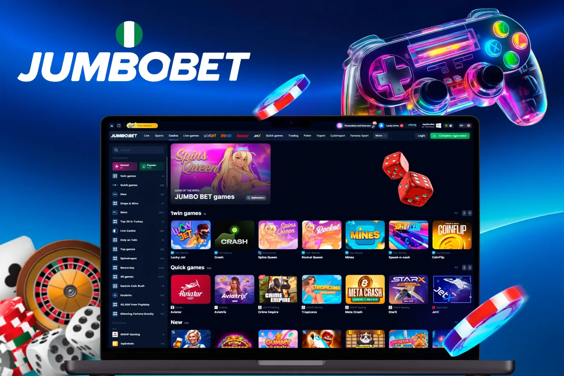 app interface showing a variety of games like Spins Queen, Crash, and Rocket Queen with a vibrant game controller icon