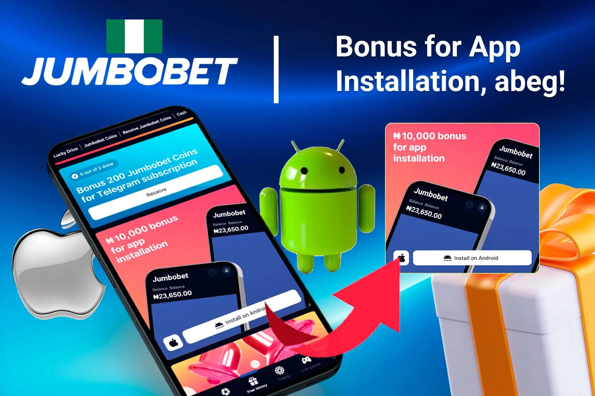 JumboBet bonus offer for app installation on mobile with Android and Apple logos, and gift boxes