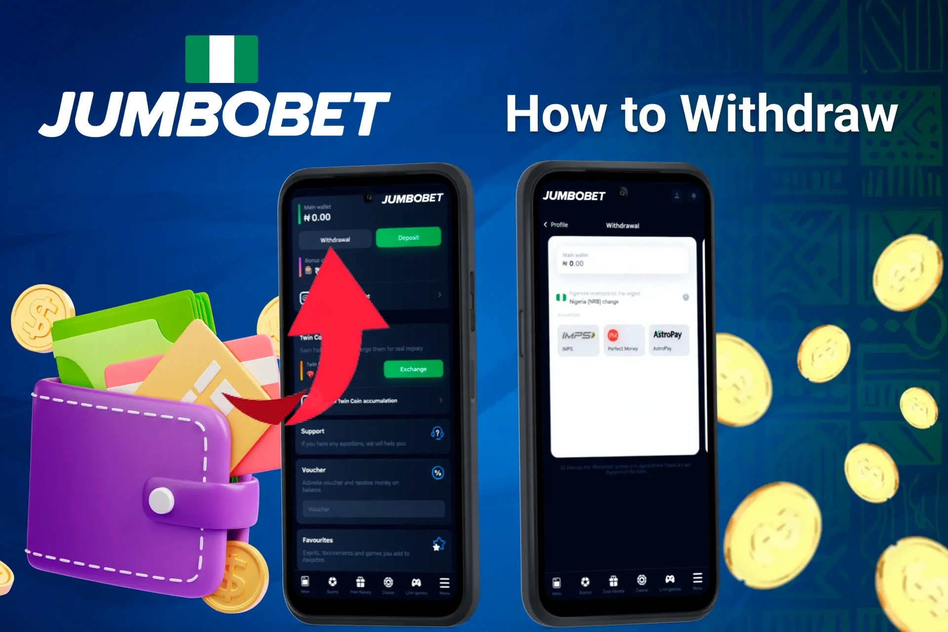 mobile interface showing JumboBet withdrawal process with an arrow pointing to withdrawal options and available wallet balance
