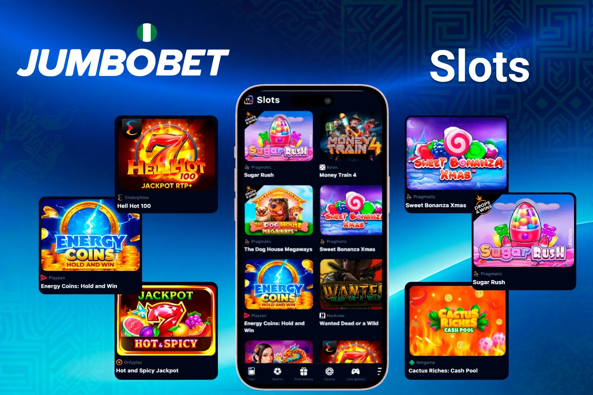 Slot titles such as Sugar Rush, Energy Coins, and Hell Hot 100 showcased on mobile and desktop