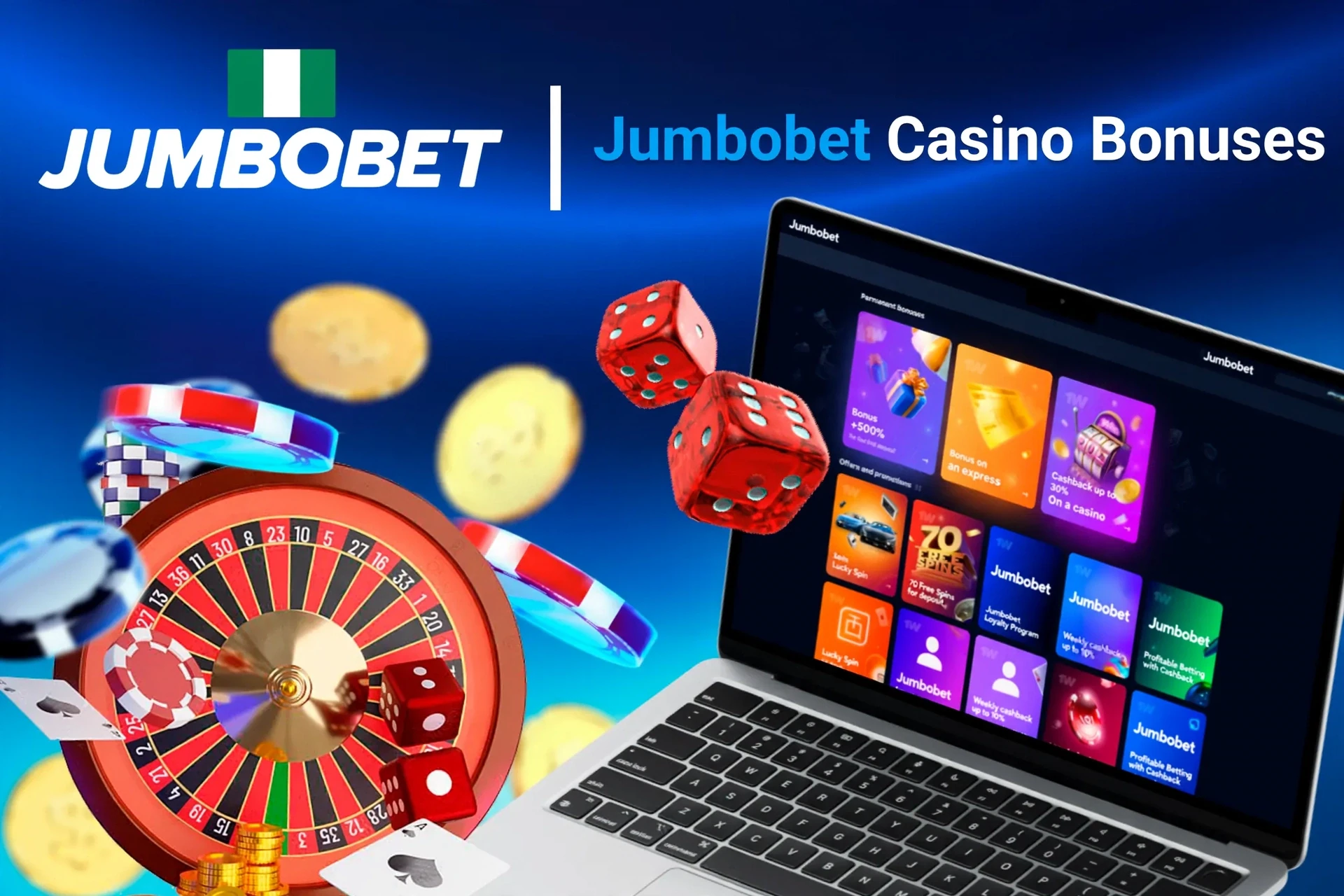 Laptop screen showing various JumboBet casino bonuses with roulette, dice, and poker chips