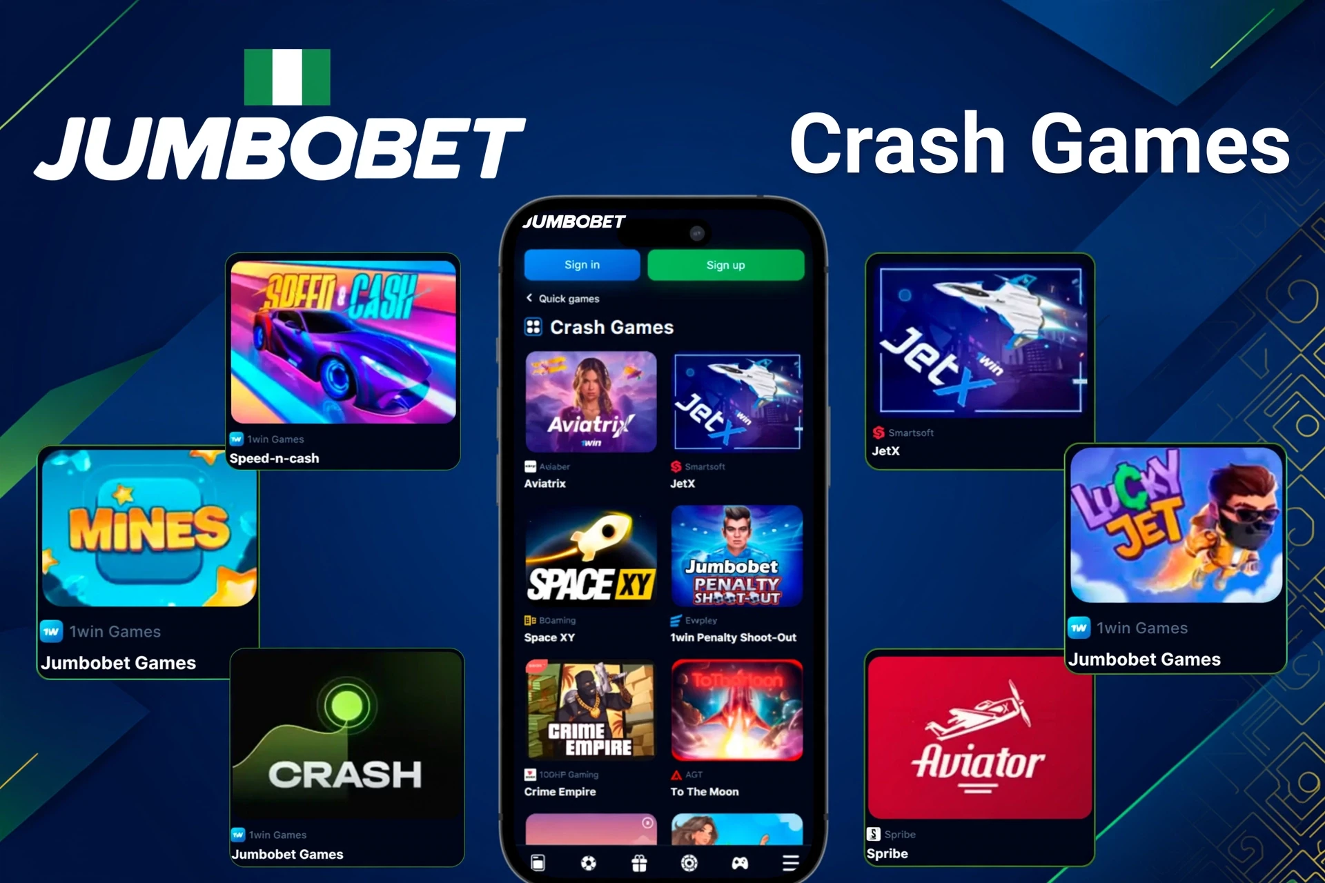 Crash games like Mines, Speed-n-Cash, JetX, and Lucky Jet shown on a mobile app