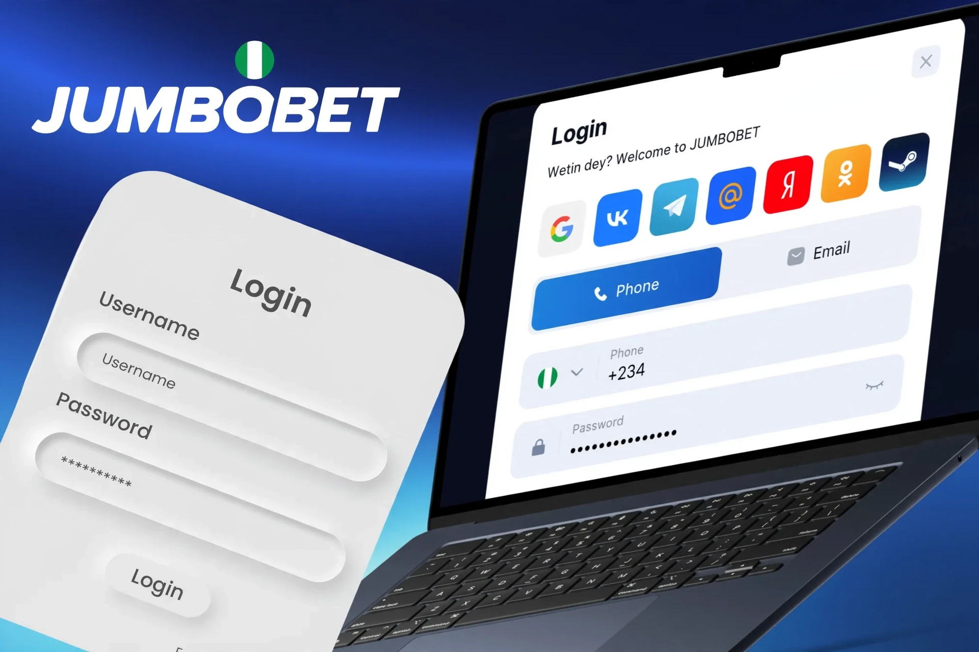 Description of steps to log in to your JumboBet account via the website or mobile app