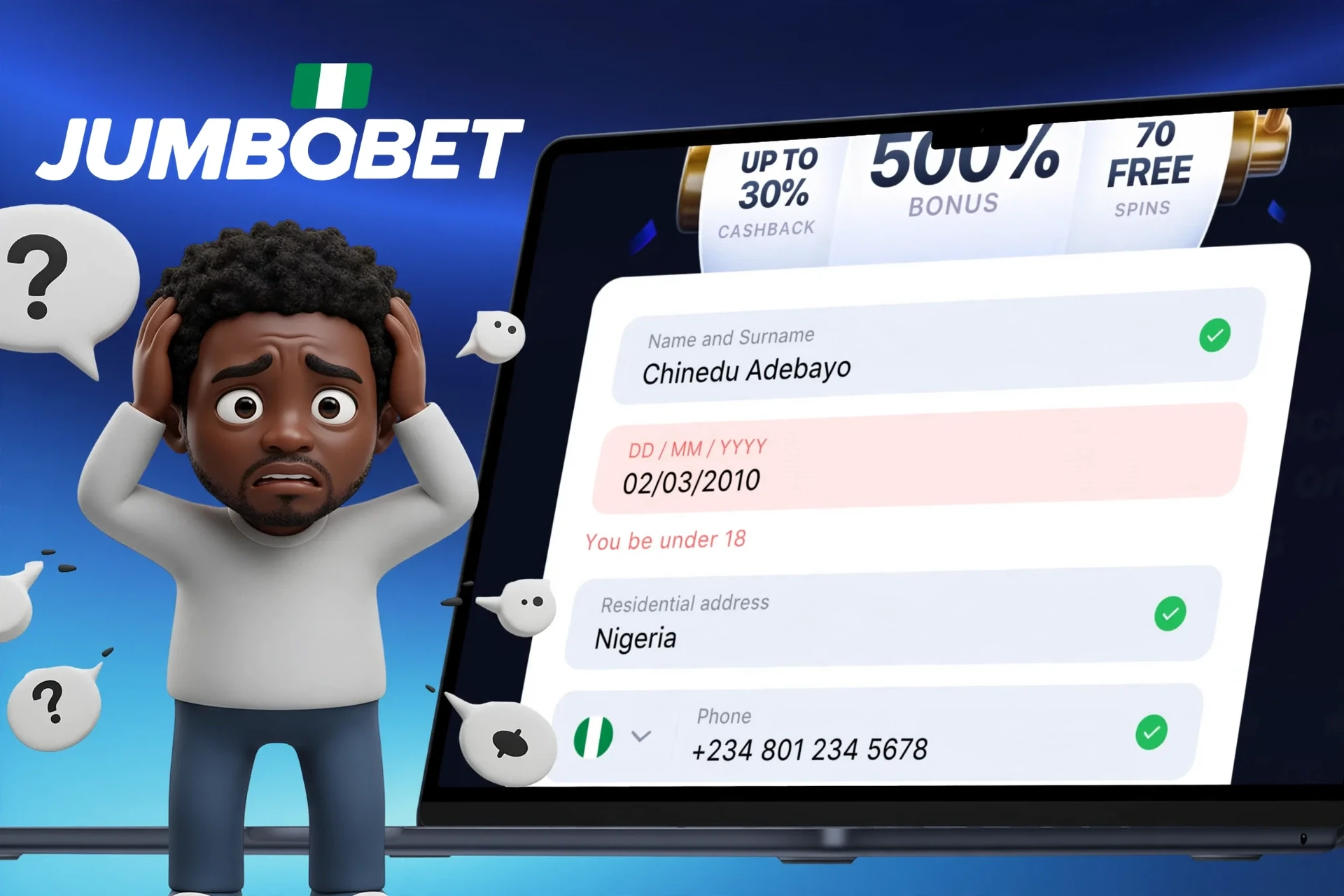 Description of possible difficulties when registering on JumboBet